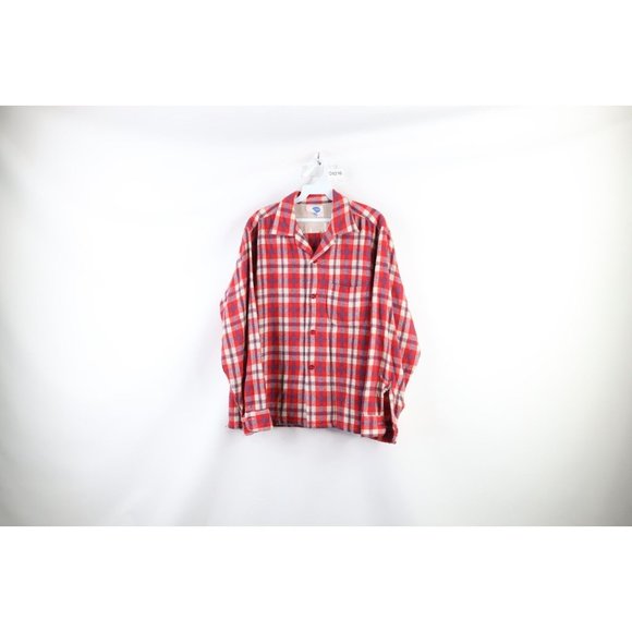 Vtg 50s Pilgrim Mens L Wool Blend Looped Collar Button Shirt Jacket Plaid USA